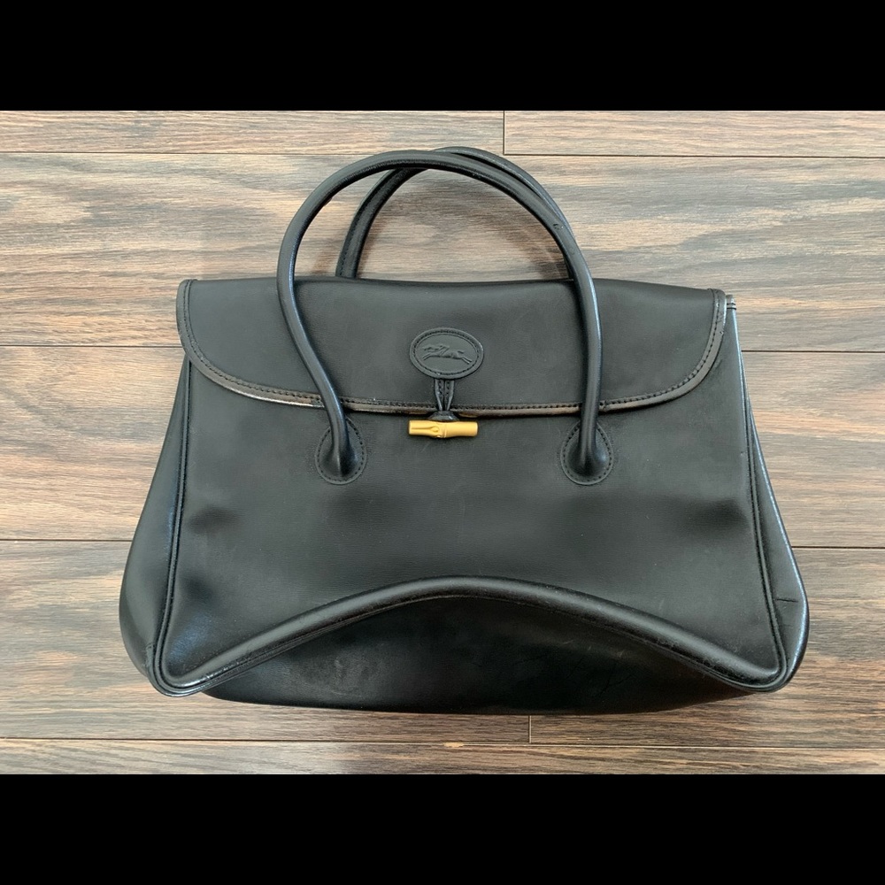 4x HP 🎉 Longchamp Leather Black Satchel Purse Work Tote Bag